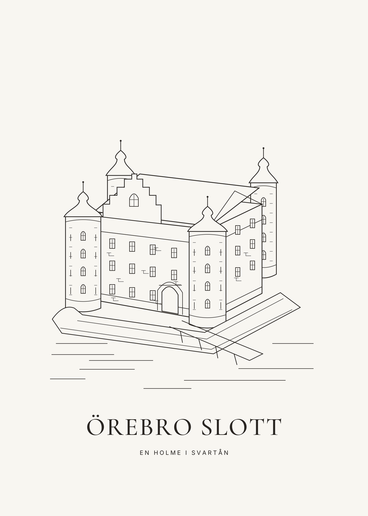 Örebro slott med runda hörntorn, höga tak och bro över Svartån, tecknat med tunna kolsvarta linjer.