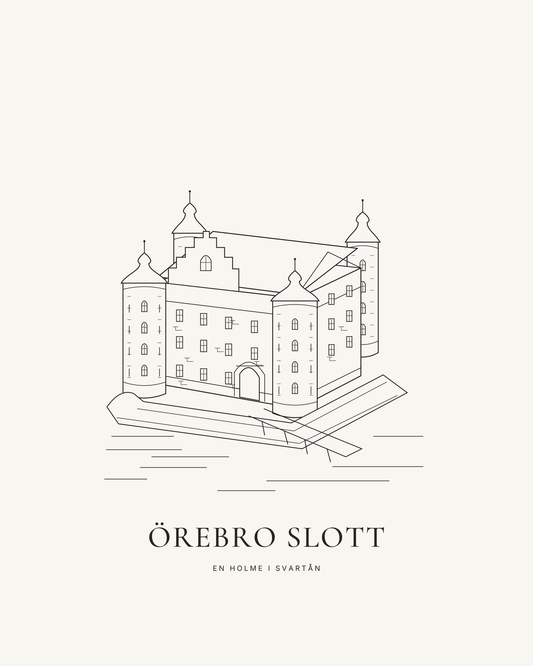 Örebro slott med runda hörntorn, höga tak och bro över Svartån, tecknat med tunna kolsvarta linjer. – 40 × 50 cm med ljus marginal.