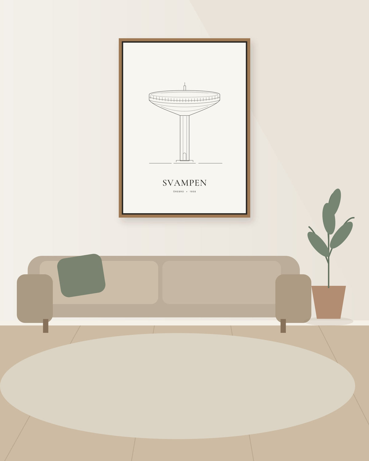 Svampen – line art i en illustrerad rumsmiljö. Ram ingår inte.