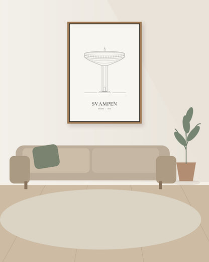 Svampen – line art i en illustrerad rumsmiljö. Ram ingår inte.