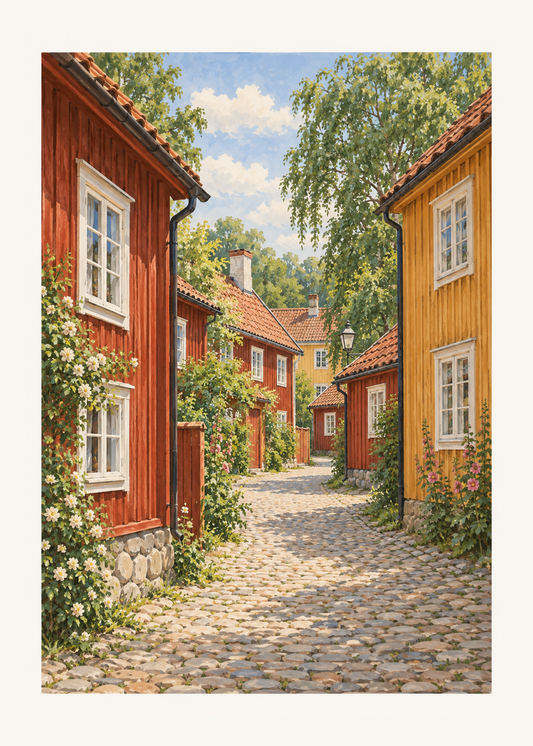 Röda och ockragula trähus kring en kullerstensgränd i en fri illustration av Wadköping.