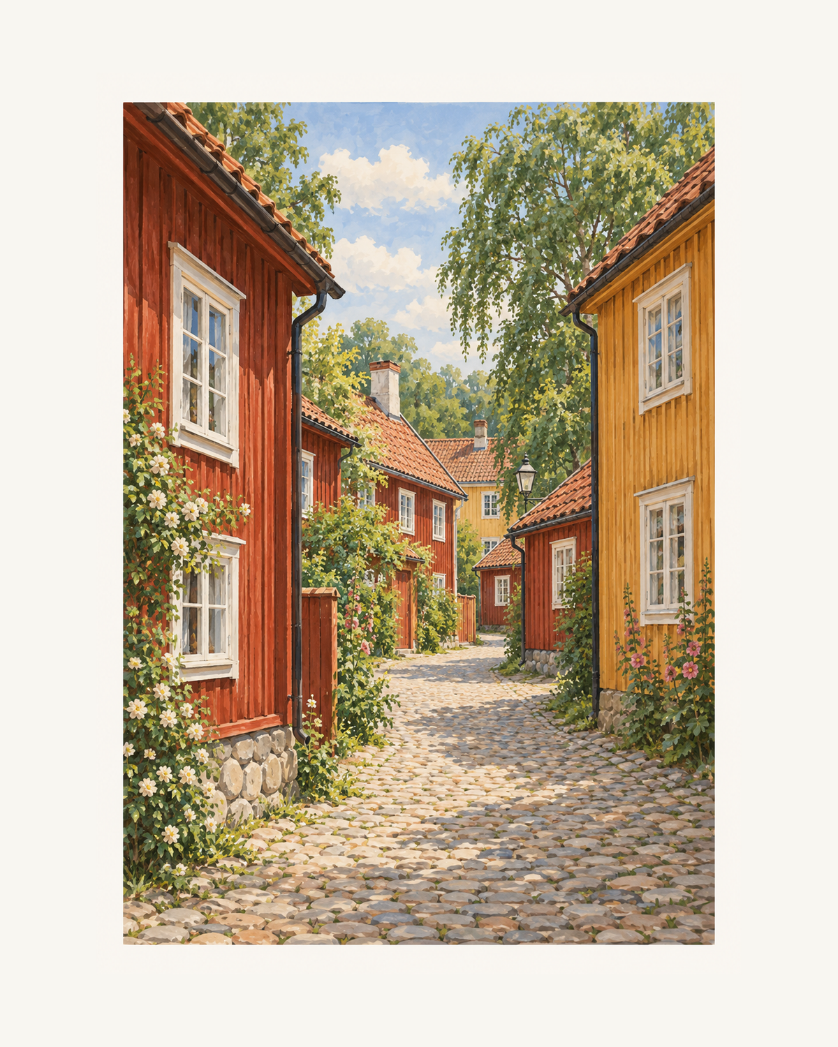 Röda och ockragula trähus kring en kullerstensgränd i en fri illustration av Wadköping. – 40 × 50 cm med ljus marginal.