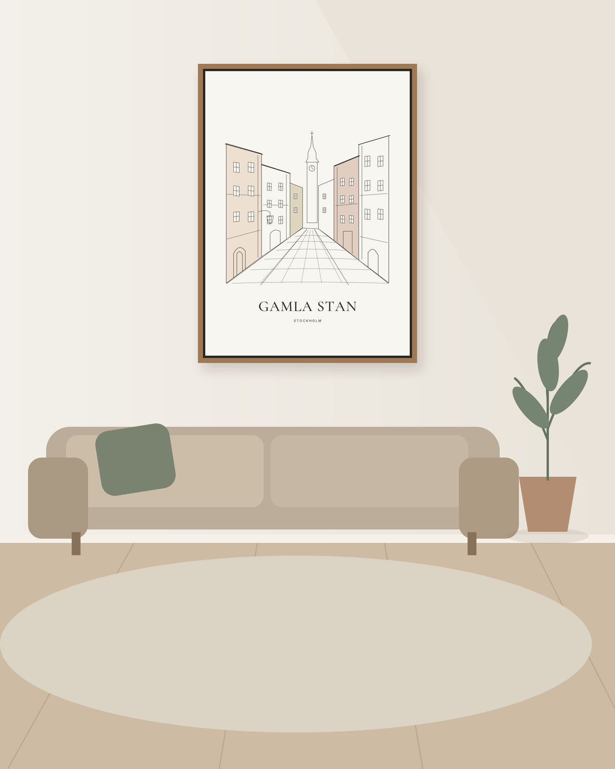 Stockholm – Gamla stan line art i en illustrerad rumsmiljö. Ram ingår inte.