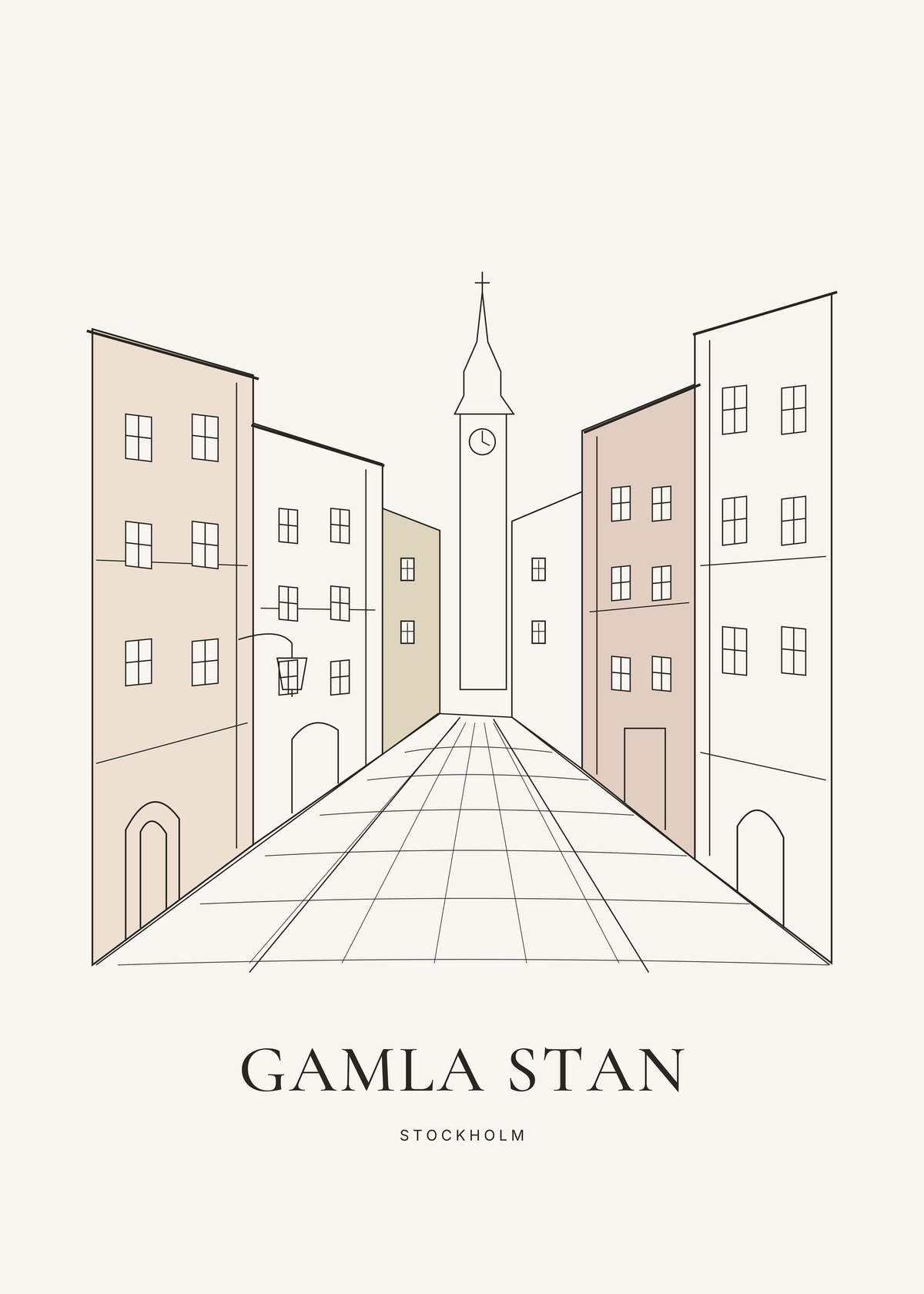 En smal gränd med höga varma fasader, spröjsade fönster, kullersten och en kyrkspira i Gamla stan.