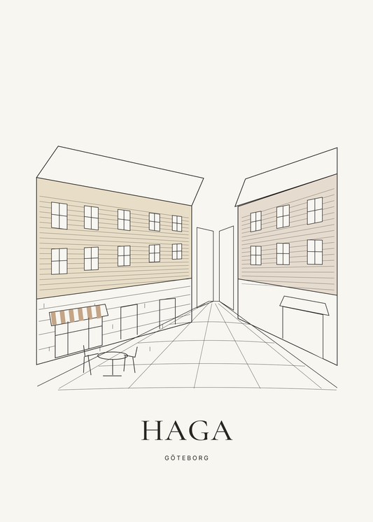 Hagas landshövdingehus med två trävåningar över en stenvåning, små kafémarkiser och kullerstensgata.