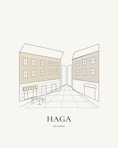 Hagas landshövdingehus med två trävåningar över en stenvåning, små kafémarkiser och kullerstensgata. – 40 × 50 cm med ljus marginal.