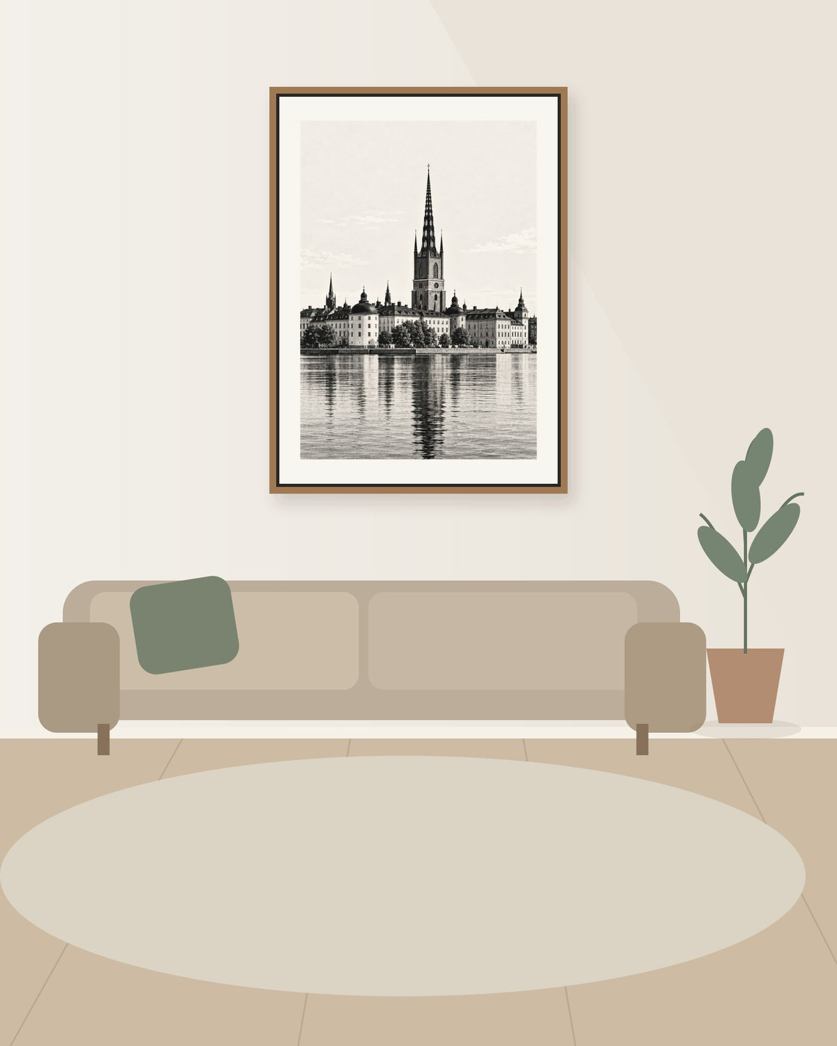 Stockholm i svartvitt – Riddarholmen i en illustrerad rumsmiljö. Ram ingår inte.