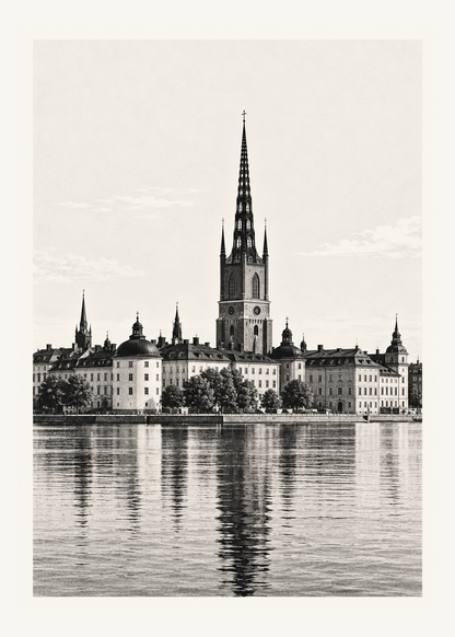 Riddarholmens siluett med kyrkans genombrutna spira över vattnet i en svartvit grafisk illustration.