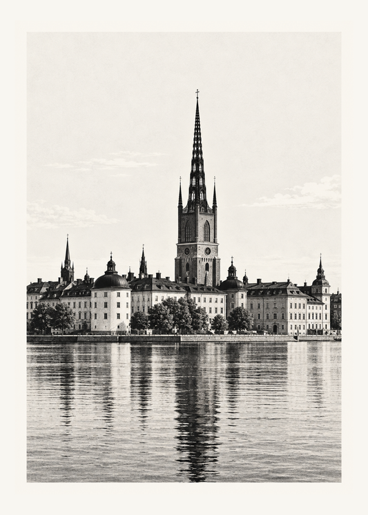 Riddarholmens siluett med kyrkans genombrutna spira över vattnet i en svartvit grafisk illustration.