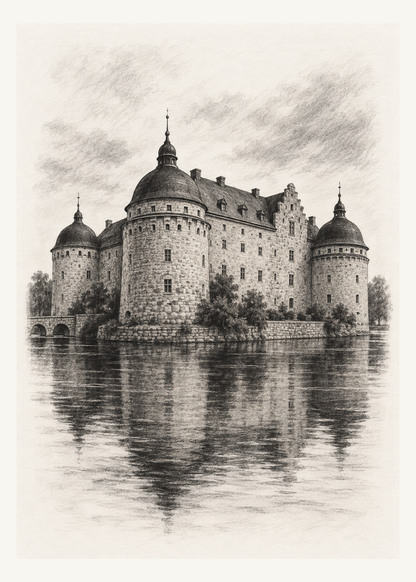 Örebro slott med runda torn speglas i vattnet i en svartvit kolillustration.