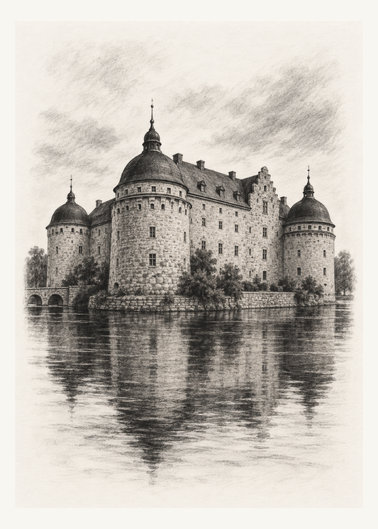 Örebro slott med runda torn speglas i vattnet i en svartvit kolillustration.