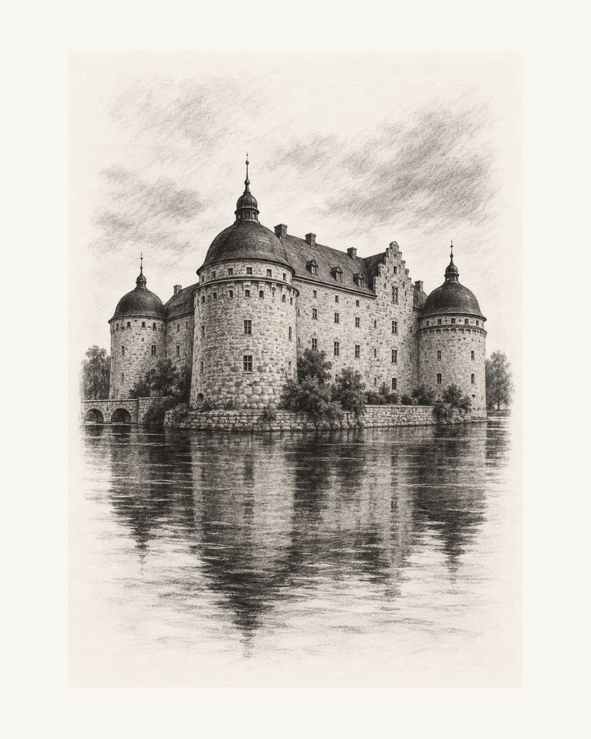Örebro slott med runda torn speglas i vattnet i en svartvit kolillustration. – 40 × 50 cm med ljus marginal.