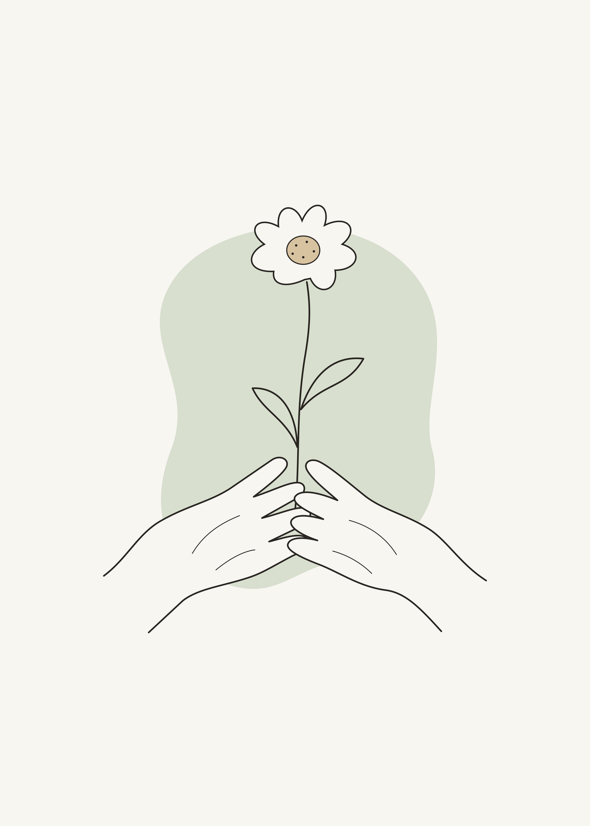 Två kupade händer håller varsamt en blomma i tunn svart linjeteckning framför en mjuk salviagrön form.