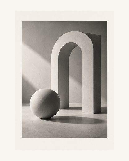 En ljus skulptural båge och ett klot kastar mjuka skuggor i en stilla svartvit komposition. – 40 × 50 cm med ljus marginal.