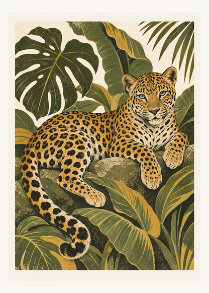En vilande leopard bland stora tropiska blad i olivgrönt, senapsgult, svart och gräddvitt.