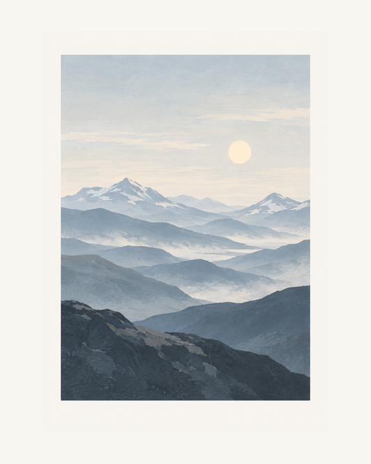 Fjällryggar i lager av dimblått och skiffergrått under en blek sol och ljus nordisk himmel. – 40 × 50 cm med ljus marginal.