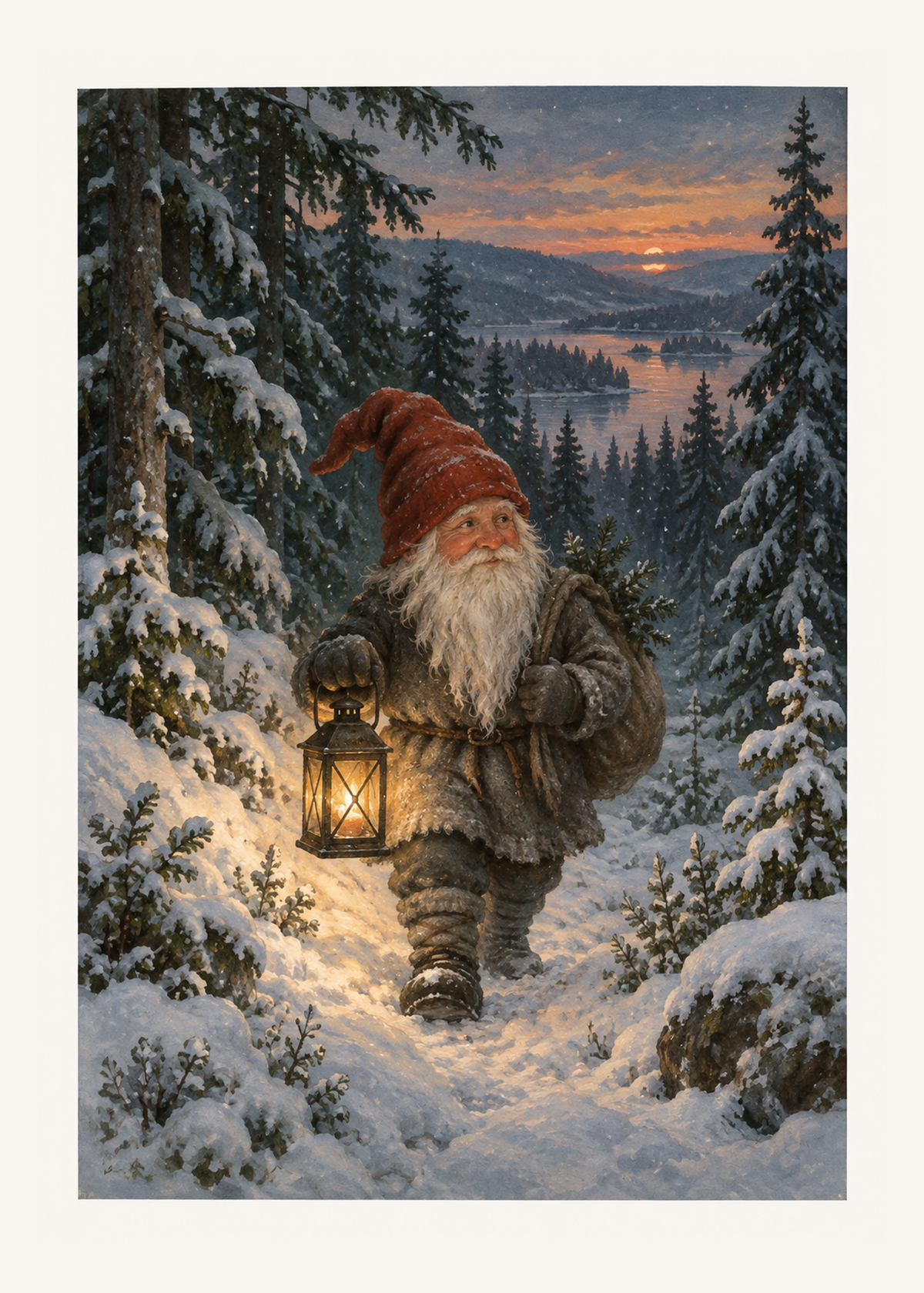 En svensk tomte med röd luva och lykta vandrar genom en snötäckt granskog i skymningen.