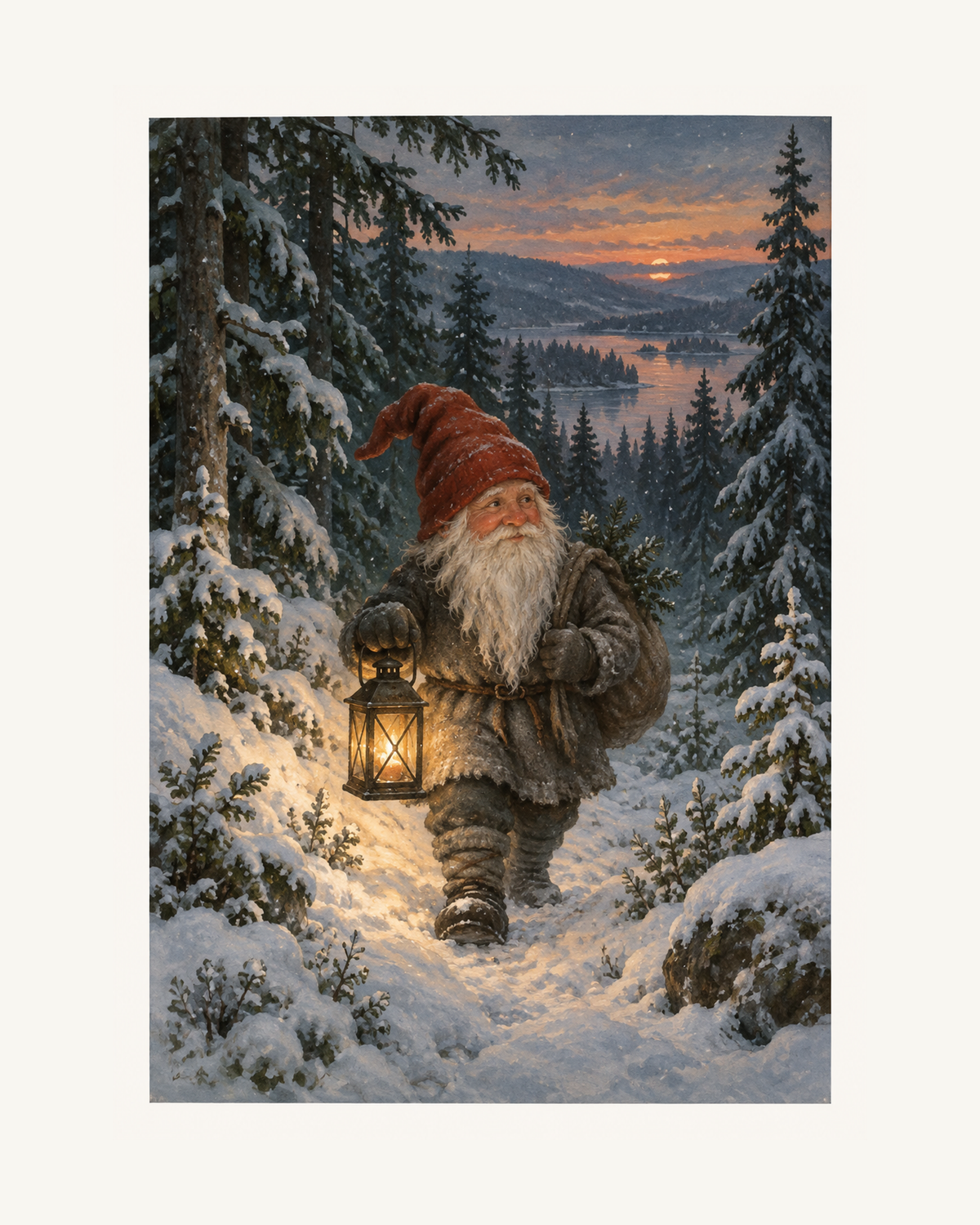En svensk tomte med röd luva och lykta vandrar genom en snötäckt granskog i skymningen. – 40 × 50 cm med ljus marginal.