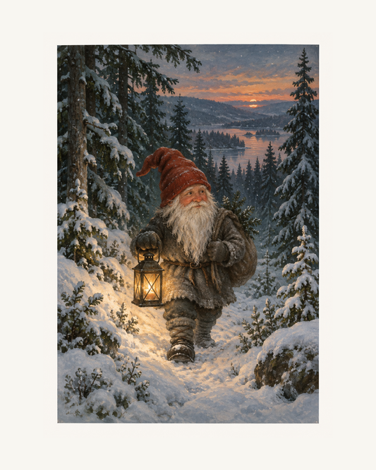 En svensk tomte med röd luva och lykta vandrar genom en snötäckt granskog i skymningen. – 40 × 50 cm med ljus marginal.