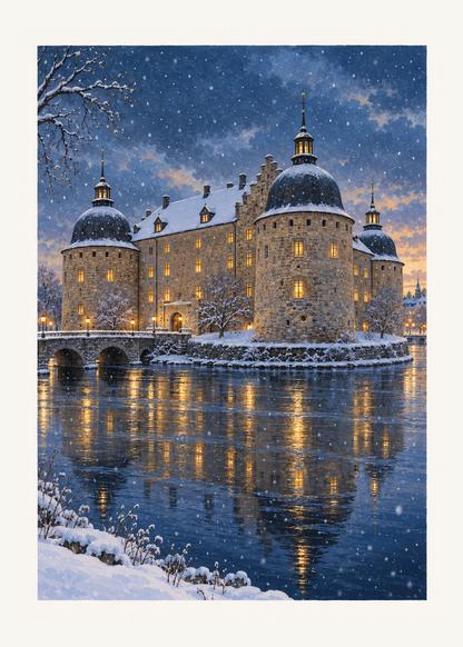 Snö faller över Örebro slott, där varma fönster speglas i Svartåns mörkblå vatten.