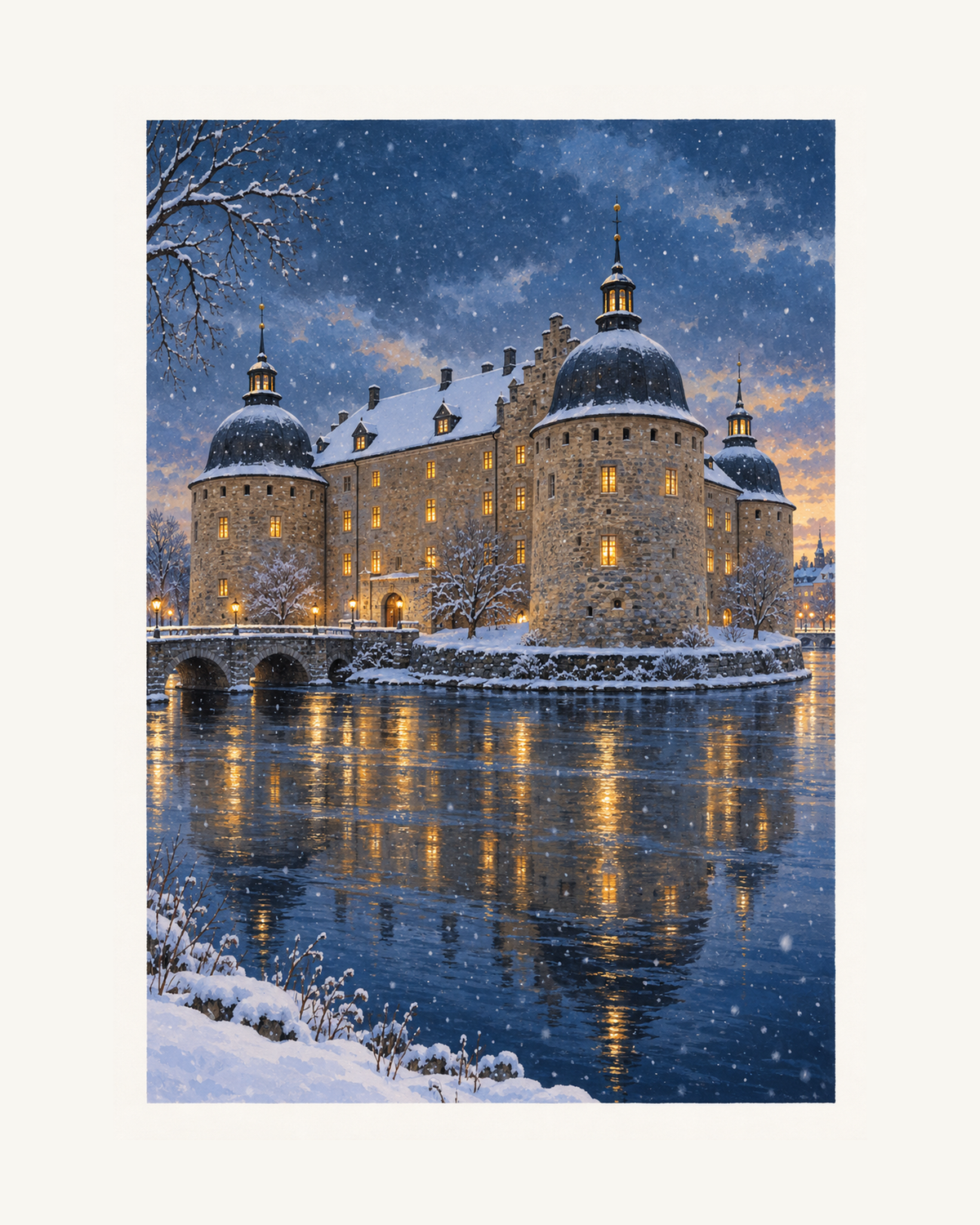 Snö faller över Örebro slott, där varma fönster speglas i Svartåns mörkblå vatten. – 40 × 50 cm med ljus marginal.