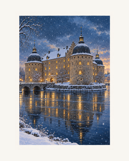 Snö faller över Örebro slott, där varma fönster speglas i Svartåns mörkblå vatten. – 40 × 50 cm med ljus marginal.