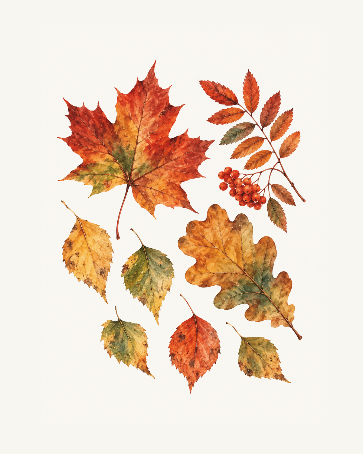 Botanisk akvarell med höstlöv från lönn, ek, björk och rönn i rost, orange och ockra. – 40 × 50 cm med ljus marginal.