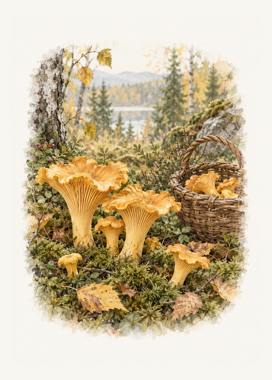 Gyllene kantareller i mossig höstskog intill en flätad korg, med björklöv och en stilla sjö i bakgrunden.