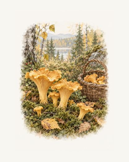 Gyllene kantareller i mossig höstskog intill en flätad korg, med björklöv och en stilla sjö i bakgrunden. – 40 × 50 cm med ljus marginal.
