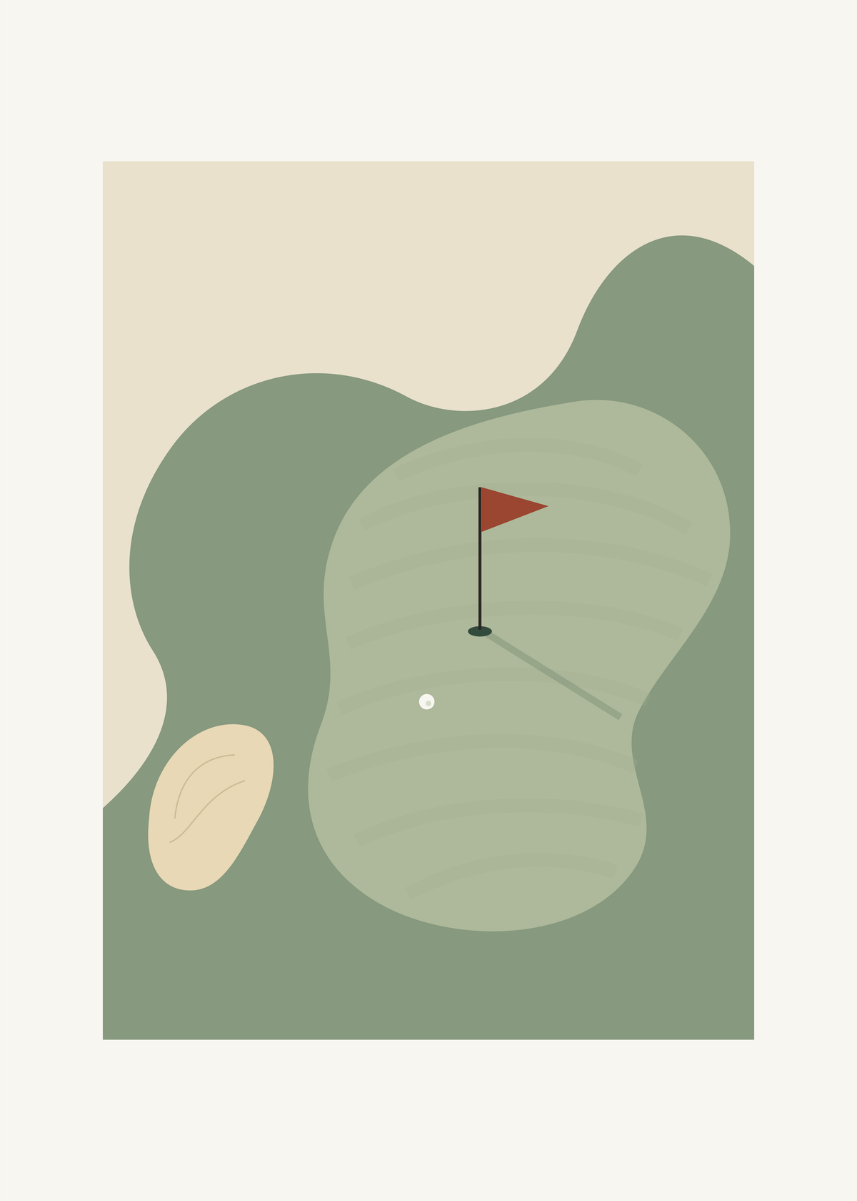 En golfgreen sedd ovanifrån i mjuka gröna former, med sandbunker, liten vit boll och en tegelröd flagga.