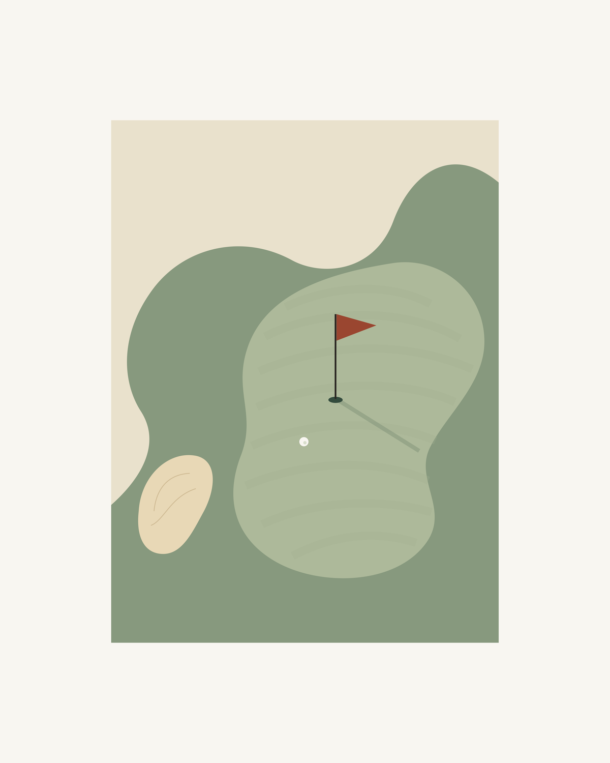 En golfgreen sedd ovanifrån i mjuka gröna former, med sandbunker, liten vit boll och en tegelröd flagga. – 40 × 50 cm med ljus marginal.