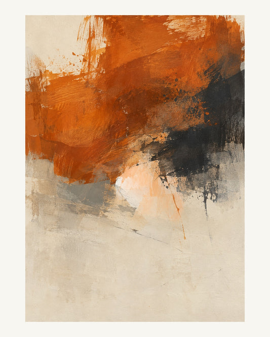 Bränd orange och kolsvart möts i breda rörelser med ljusa persikotoner. Format 40 × 50 cm med ljus marginal.