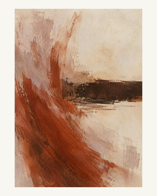 Kopparröda stråk rör sig uppåt genom mauve, buff och mörkbrunt. Format 40 × 50 cm med ljus marginal.