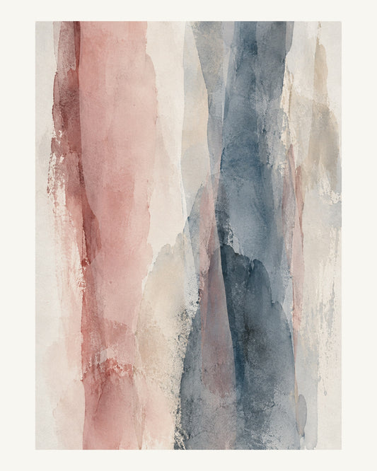 Smala vattenlika skikt av rosa, gråblått och grädde. Format 40 × 50 cm med ljus marginal.