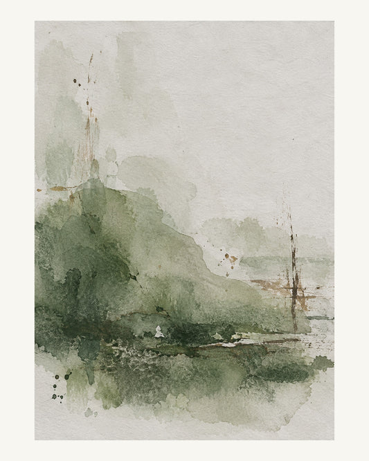 Mossgröna pigmentfläckar och torra umbraspår på gråvitt papper. Format 40 × 50 cm med ljus marginal.
