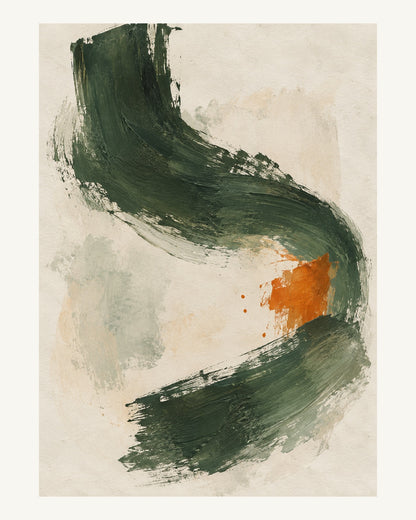Ett brett skogsgrönt drag med en tydlig orange motpunkt. Format 40 × 50 cm med ljus marginal.