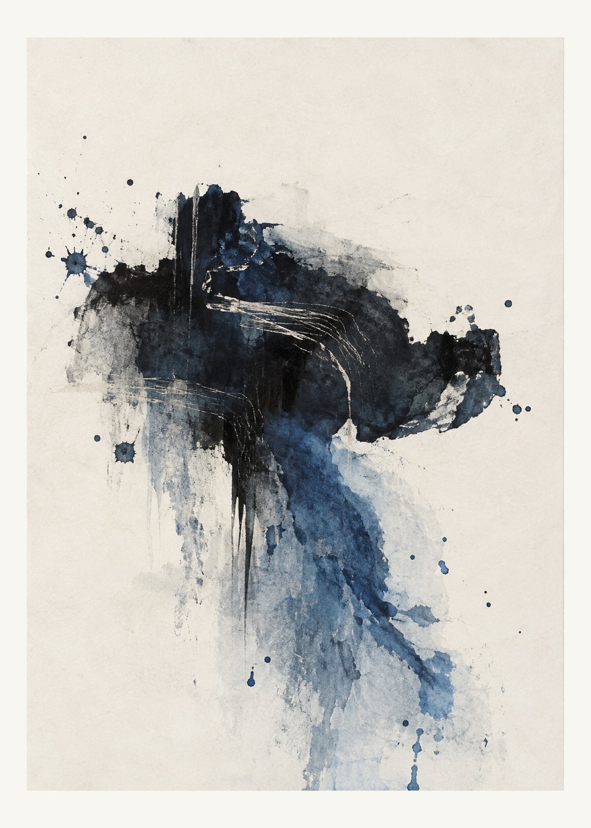 En oregelbunden blåsvart bläckform med ljusa kanaler och en koboltblå svans.