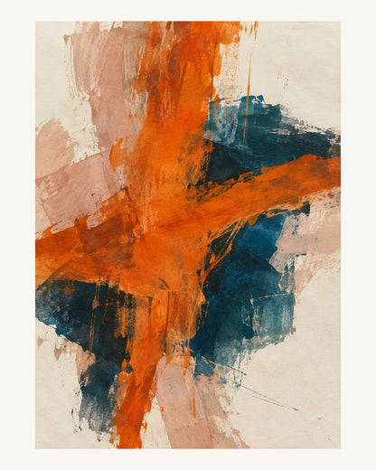 Ett eldigt orange drag korsar djup petrolblå färg med rosabeige runtom. Format 40 × 50 cm med ljus marginal.