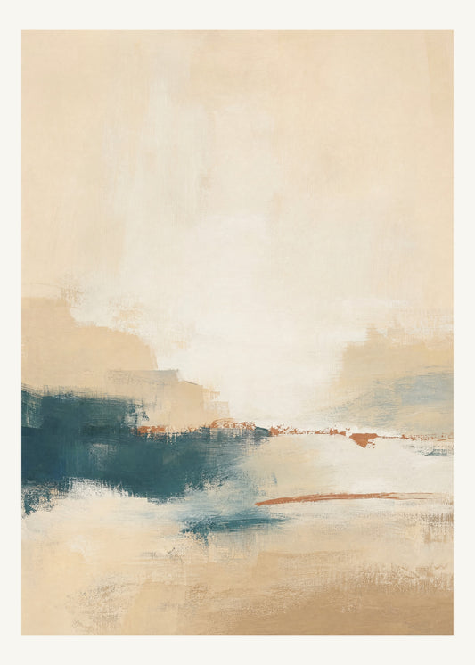 Abstrakt måleriskt motiv i ljus askmönstrad, pappersvitt, petroleum, bränd terrakotta. Breda, ojämna färglager möts kring en avbruten horisont och lämnar gott om ljus luft. 50 × 70 cm.
