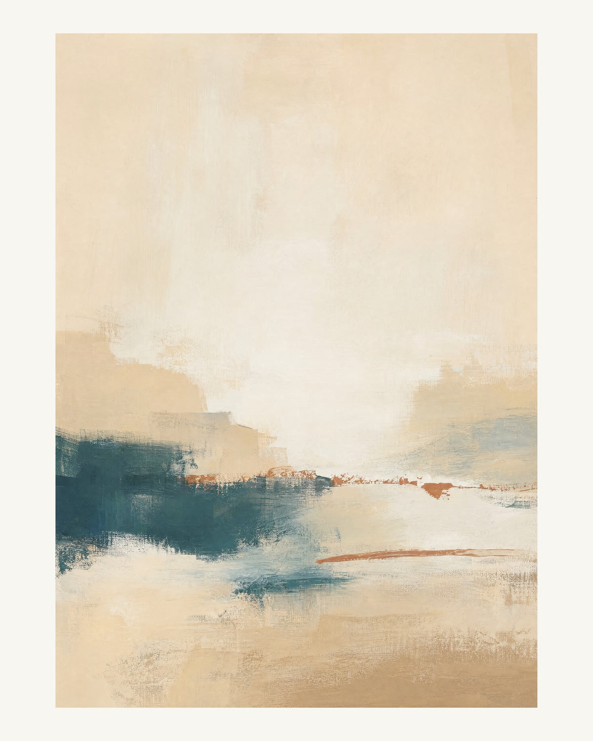 Abstrakt måleriskt motiv i ljus askmönstrad, pappersvitt, petroleum, bränd terrakotta. Breda, ojämna färglager möts kring en avbruten horisont och lämnar gott om ljus luft. 40 × 50 cm.