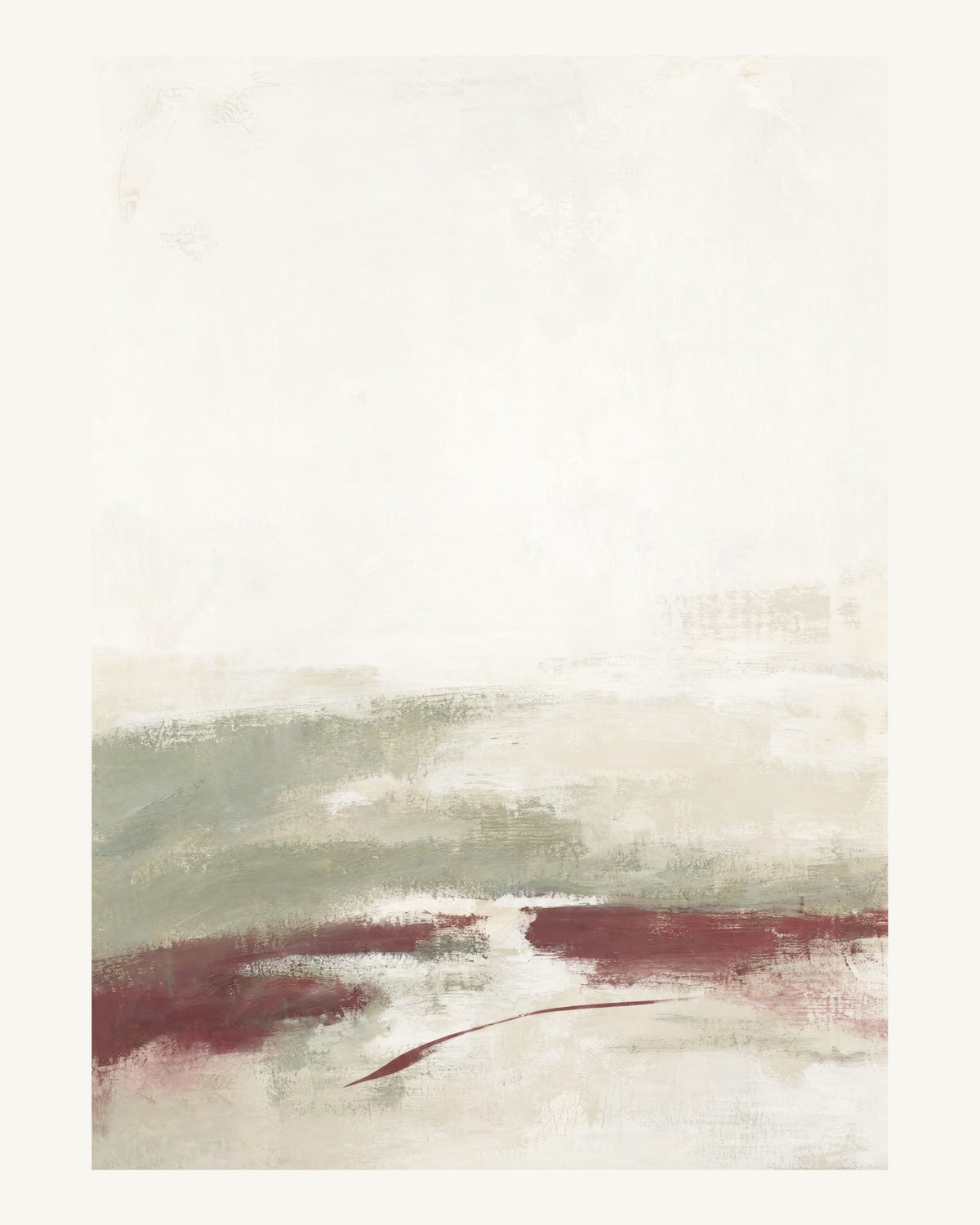 Abstrakt måleriskt motiv i matt vit, varm krita, vinrött, dämpad salvia. Breda, ojämna färglager möts kring en avbruten horisont och lämnar gott om ljus luft. 40 × 50 cm.