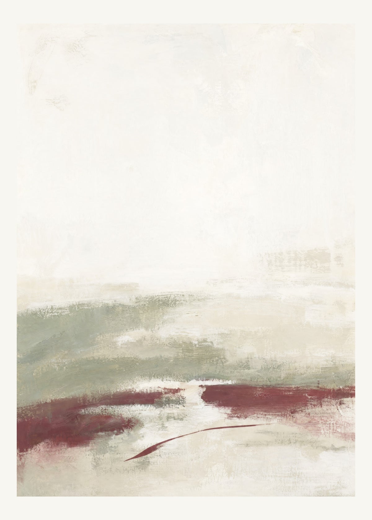 Abstrakt måleriskt motiv i matt vit, varm krita, vinrött, dämpad salvia. Breda, ojämna färglager möts kring en avbruten horisont och lämnar gott om ljus luft. 50 × 70 cm.