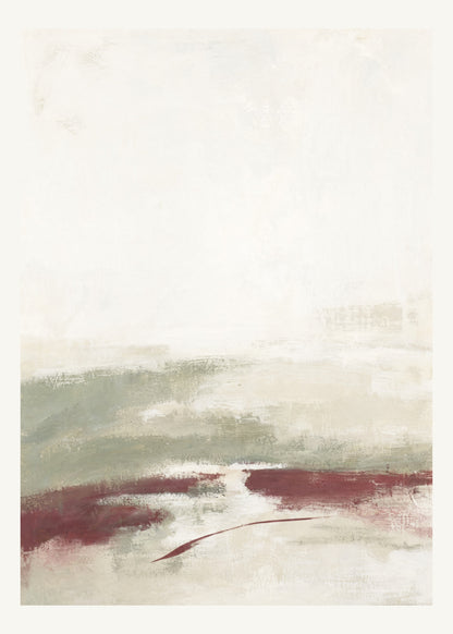 Abstrakt måleriskt motiv i matt vit, varm krita, vinrött, dämpad salvia. Breda, ojämna färglager möts kring en avbruten horisont och lämnar gott om ljus luft. 50 × 70 cm.