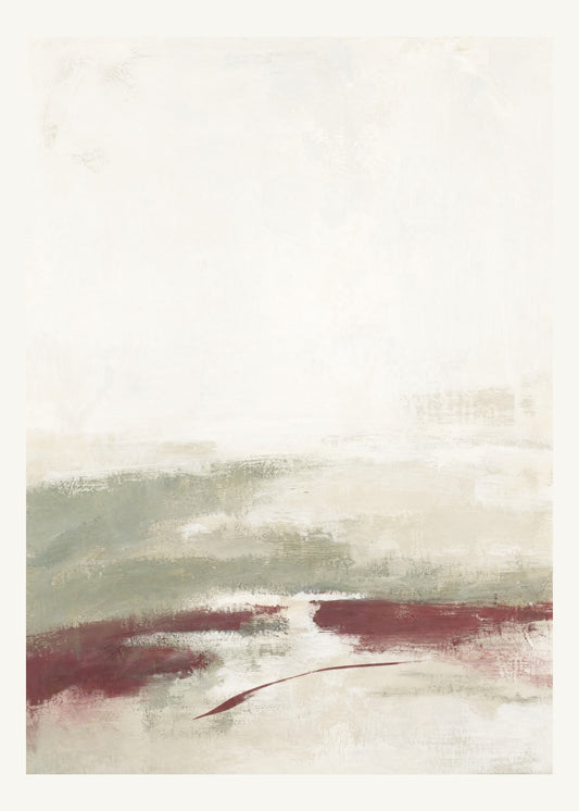 Abstrakt måleriskt motiv i matt vit, varm krita, vinrött, dämpad salvia. Breda, ojämna färglager möts kring en avbruten horisont och lämnar gott om ljus luft. 50 × 70 cm.