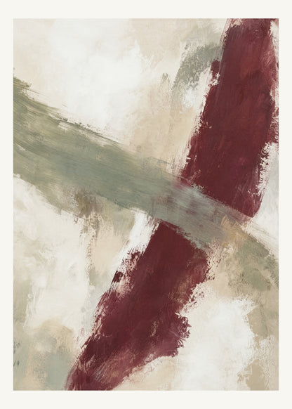 Abstrakt måleriskt motiv i matt vit, varm krita, vinrött, dämpad salvia. Två olika penselrörelser möts i en öppen, asymmetrisk komposition med synliga underliggande färglager. 50 × 70 cm.