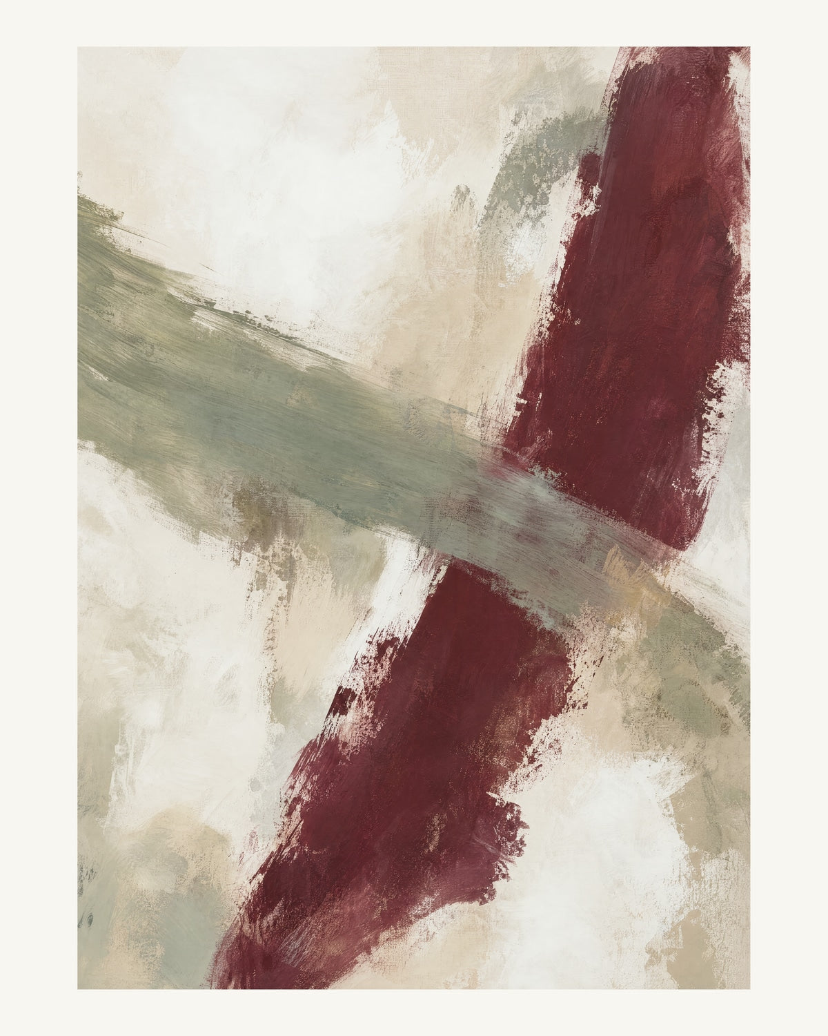 Abstrakt måleriskt motiv i matt vit, varm krita, vinrött, dämpad salvia. Två olika penselrörelser möts i en öppen, asymmetrisk komposition med synliga underliggande färglager. 40 × 50 cm.