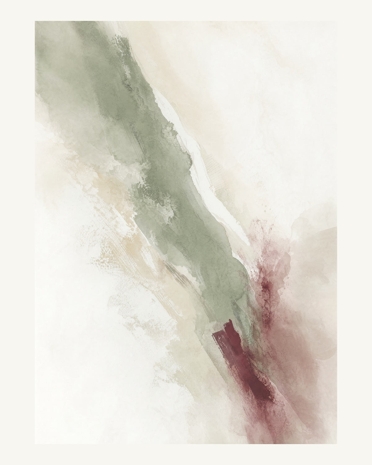 Abstrakt måleriskt motiv i matt vit, varm krita, vinrött, dämpad salvia. Tunna färgslöjor glider diagonalt över ljusa partier, med ett tätare färgavtryck som motvikt. 40 × 50 cm.