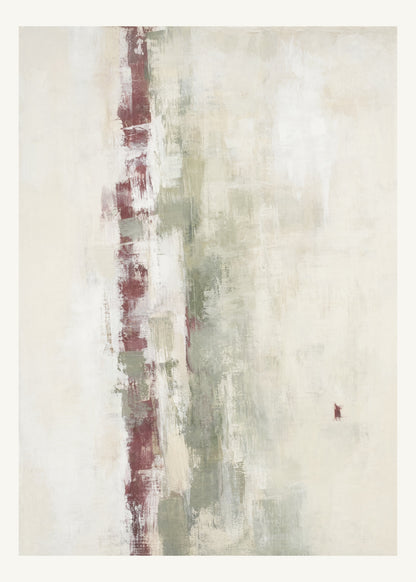 Abstrakt måleriskt motiv i matt vit, varm krita, vinrött, dämpad salvia. Ett brutet lodrätt färgstråk möter tunna utsuddade slöjor och en liten förskjuten accent. 50 × 70 cm.