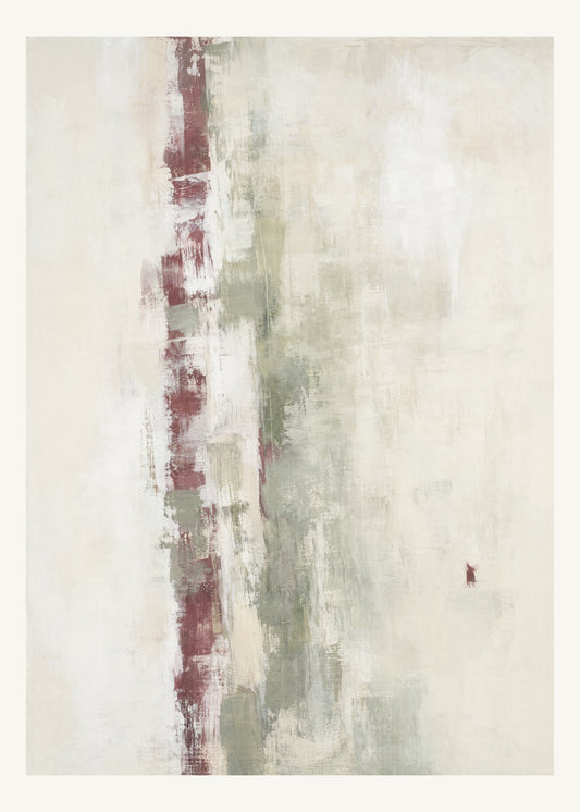 Abstrakt måleriskt motiv i matt vit, varm krita, vinrött, dämpad salvia. Ett brutet lodrätt färgstråk möter tunna utsuddade slöjor och en liten förskjuten accent. 50 × 70 cm.