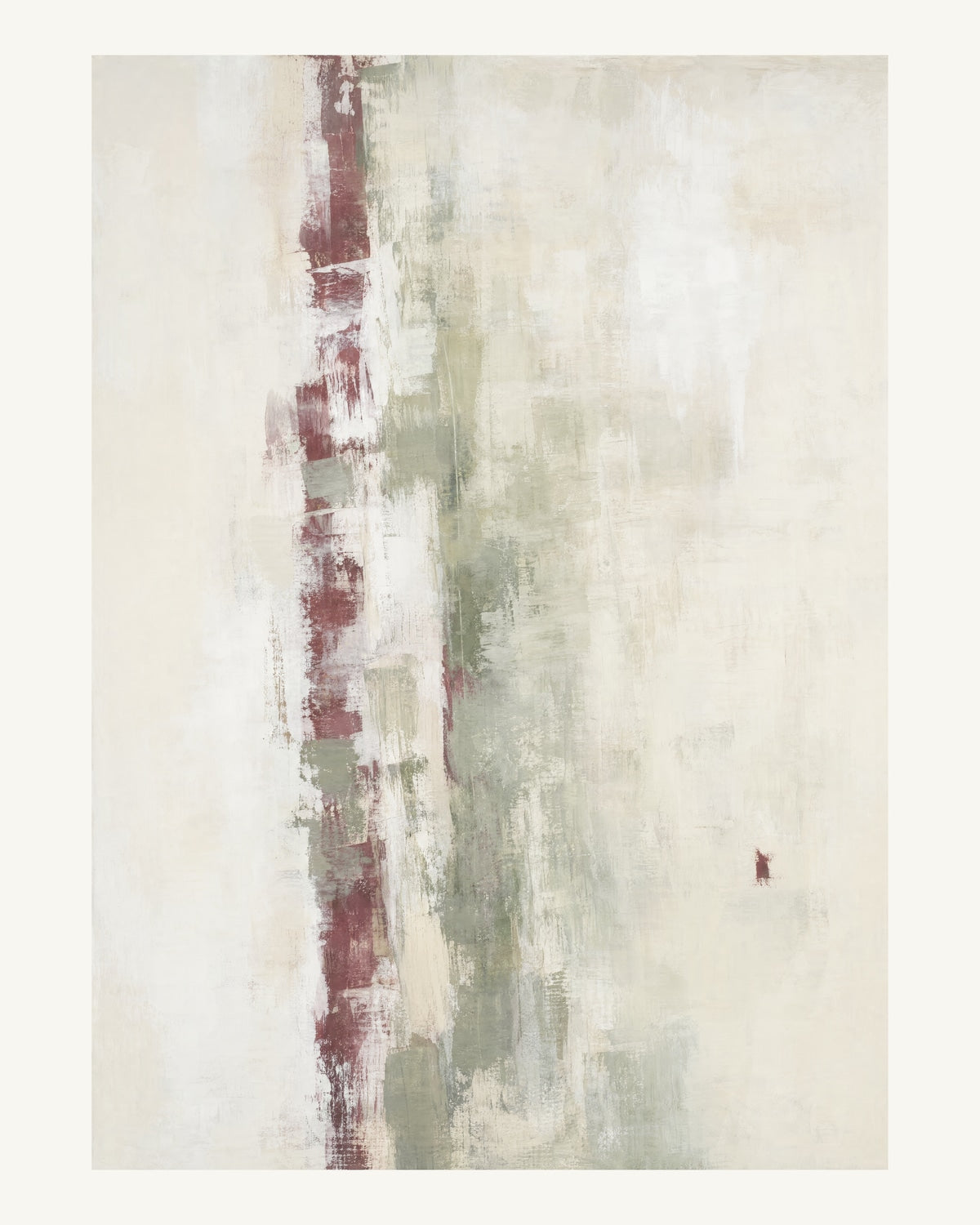 Abstrakt måleriskt motiv i matt vit, varm krita, vinrött, dämpad salvia. Ett brutet lodrätt färgstråk möter tunna utsuddade slöjor och en liten förskjuten accent. 40 × 50 cm.